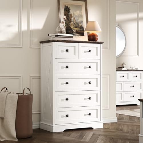 FFBCFDK Farmhouse 6 Drawers Dresser Chests for Bedroom, White 6 Chest of Drawers, Wood Dressers Organizer for Closet, Modern Storage Organizer Cabinet for Bedroom,Living Room,Hallway & Entryway