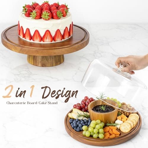 Krbnk Acacia Wood Cake Stand with Lid, 12" Glass Cake Stand with Dome, Cake Holder for Cakes, Cupcakes & Birthday Baking Supplies, 2-In-1 Dessert Table Display & Charcuterie Board for Wedding Party 5