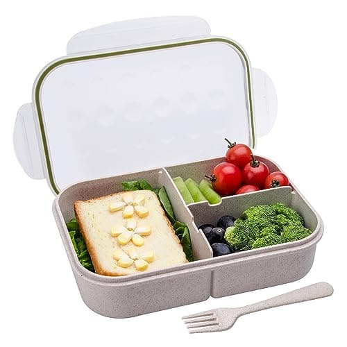 Itopor Wheat Straw Lunch Box, Leakproof 3-Compartment Bento Box for Kids & Adults, BPA-Free Lunch Containers, Microwave & Dishwasher Safe, 5.5 Cup/1400 ml, White