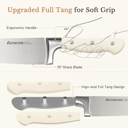 Knife Set,Astercook Kitchen Knife Set with Block 14-Piece Full Tang Stainless Steel Knives with Sharpener Dishwasher Safe and Anti-Slip Ergonomic Handle Elegant Cream White Utensils Set 4