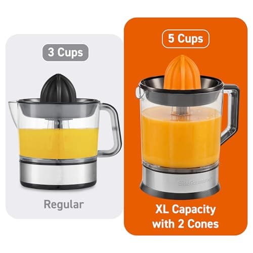 Elite Gourmet ETS740 BPA-Free 40-Watt Electric Citrus Juicer with 2 Cones, Compact, Large Volume, Pulp Control, Oranges, Lemons, Limes, Grapefruits with Easy Pour Spout, 1.2L, Black/Stainless Steel 8