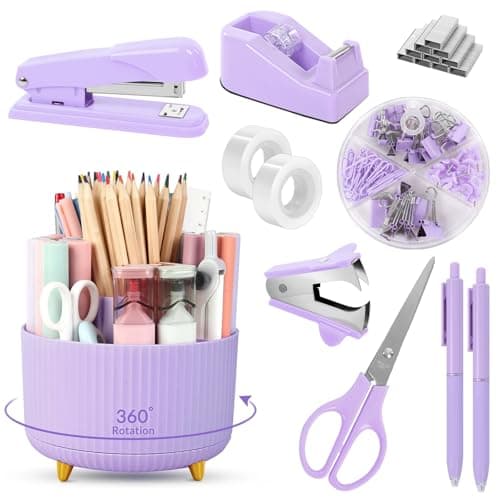 SKYDUE Purple Office Supplies Set, Purple Office Desk Accessories 10PCS, Pencil Holder for Desk, Stapler, Tape Dispenser, Scissors, Ruler, Binder/Paper Clips and 1000pcs Staples,Desk Supplies Set