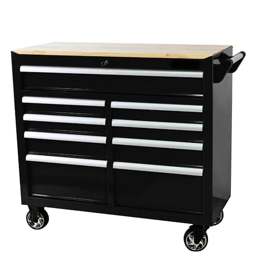 BOVONO 9-Drawer Rolling Tool Chest, Steel Tool Storage Workbench with 4 Steering Wheels and Wood Top, 42Inch Ball-Bearing Drawers Trolley, Perfect for Repair Shop, Garage & Home Improvement (Black)
