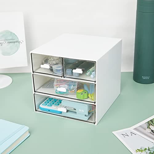 Desk Organizer with 4 Drawers, Clear Plastic Desk Storage Box, Desktop Organization for Office Supplies, Gel Pens, Pencils, Markers, Tape, Erasers, Paperclips, Chargers (White-4 Draws) 6
