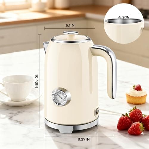 SUSTEAS Electric Kettle - 57oz Hot Tea Kettle Water Boiler with Thermometer, 1500W Fast Heating Stainless Steel Tea Pot, Cordless with LED Indicator, Auto Shut-Off & Boil Dry Protection, Beige 7