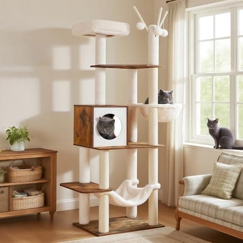 Hey-brother Wooden Cat Tree, 66.1“ Cat Furniture with Scratching Posts, Modern Cat Tower with hammocks, Toys, cat condo, Rustic Brown MPJ120SR