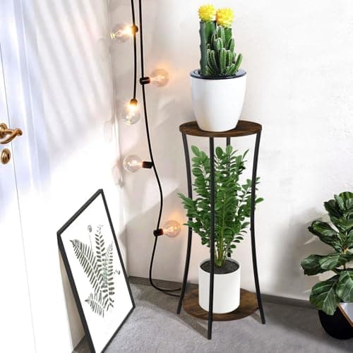 YINMIT Plant Stand Indoor,2 Tier Round Potted Holder Rack,Flower Pot Stand Shelf,Round Supports Rack,Corner Plant Shelf for Balcony Garden Patio Living Room,Brown 8