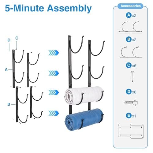 Bathroom Rolled Towel Rack: 4-Tier Wall Mounted Towel Storage Holder, Hanging Organizer for Towels, Blankets, Large Bath Sheets, Space Saving in RV, Closet, Toilet, Cabinet, Black Metal 6