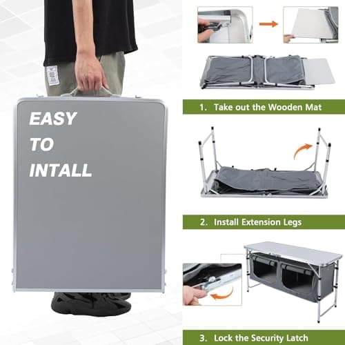 JOUYEK Camping Table, Folding Camping Table with Storage, Portable Kitchen Table, Lightweight, 3 Heights Adjustable Camping Furniture for BBQ, Picnic, Camping, Hiking, Beach, and Indoor 7