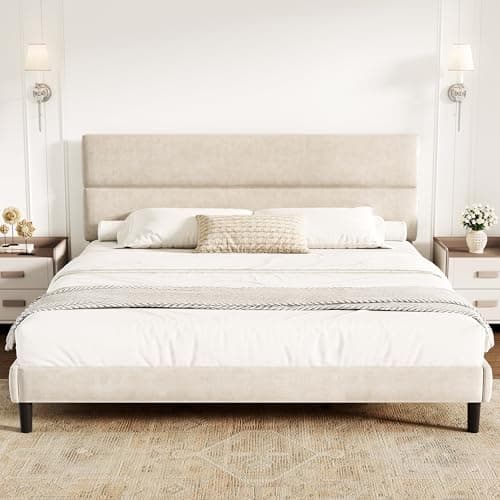 GRUSIGN King Size Platform Bed Frame with Velvet Headboard, Adjustable Height Wooden Slats Support, Upholstered Mattress Foundation, Fits Mattress or Mattress with Box Spring, Easy Assembly, Beige