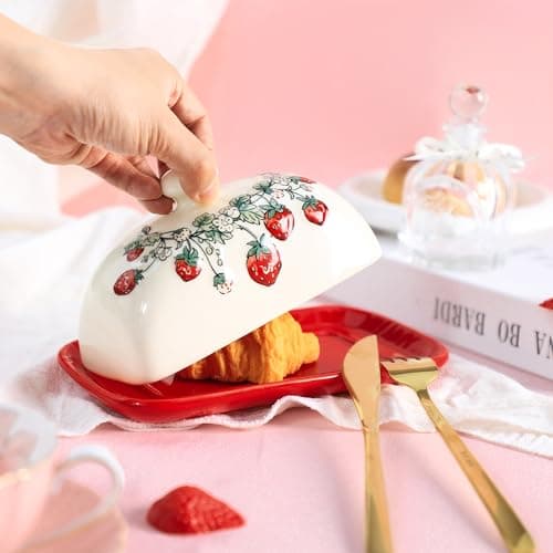 Bicuzat Ceramic Butter Dish with Lid Butter Keeper Butter Plate Tray for Kitchen Countertop Embossed Strawberry Pattern Butter Crock Keeper Saver 4