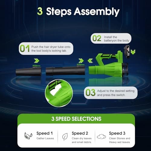 Cordless Leaf Blower 21V, 6-Speed High Power Electric Blower with 6.0Ah Battery, Lightweight Design, 2 Batteries & Fast Charger for Lawn, Patio, Dust and Leaves（Black Green） 5