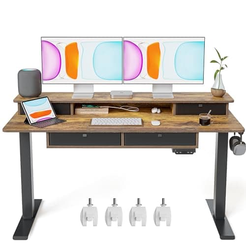 BANTI Height Adjustable Electric Standing Desk with 4 Drawers, 55 x 24 Inch Table with Storage Shelf, Sit Stand Desk, Rustic Brown Top