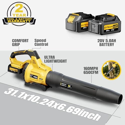 GEVEELIFE Leaf Blower Cordless, 650CFM & 3 Speed Levels, Electric Cordless Leaf Blower with 2 * 5.0Ah Battery Powered, Blowers for Lawn Care, Yard, Blowing Leaves, Dust, Snow 7