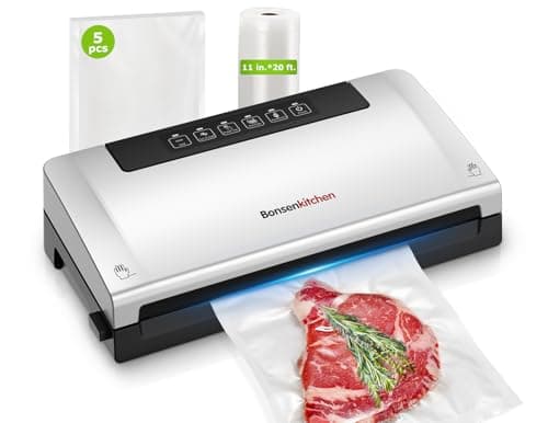 Bonsenkitchen Vacuum Sealer Machine, Built-in Cutter | Bag Storage, Multifunctional Food Sealer for Sous Vide & Meal Prep, 1 Roll Bag & 5 Pre-Cut Bags, Silver