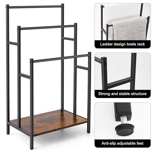 Freestanding Towel Rack Stand for Bathroom, 3 Tier Blanket Ladder Holder, Towel Drying and Display Rack with Shelf, Metal Blanket Rack, Farmhouse Rustic Brown and Black 8