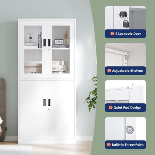 Yizosh Metal Storage Cabinet with Glass Doors - 71" Locking Display Cabinet with 2 Adjustable Shelves, 4-Tier Tall Steel Locker for Kitchen, Living Room, Dining Room (White) 5