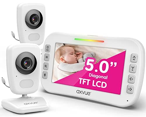AXVUE Video Baby Monitor, Comfortable Slim Design Handheld Enclosure, 5.0" Screen Monitor & 2 Camera, Range up to 1000ft, 8 Hour Battery Life, 2-Way Talk, Night Vision, Temperature Monitor, No WiFi.