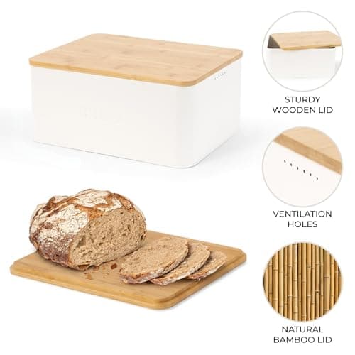 ZICOTO Beautiful Bread Box With Wooden Lid For Your Kitchen Countertop - Spacious Container Perfectly Stores Your Homemade Bread, English Muffins & Bagels - Quality Cutting Board Lid Keeps Loaf Fresh 6