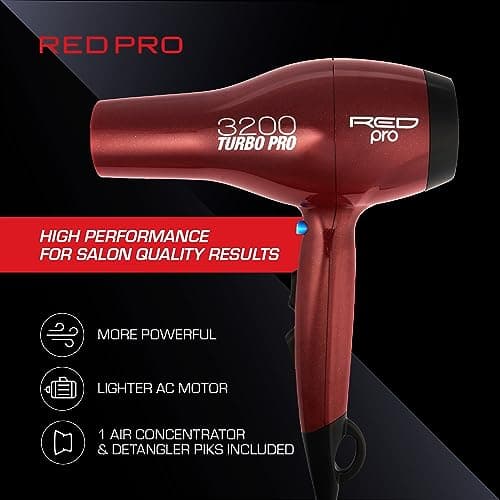 RED PRO 3200 Turbo Pro Detangler AC Hair Dryer, 3 Heat/2 Speed Settings, Cool Shot Button, Powerful Airflow, 3 Additional Styling Attachments with Detangling Pik 5