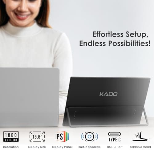 Kado Dual Portable Monitor Setup - 2-Pack 15.6" 1080p IPS Triple Monitor Extender for Laptop, 1920x1080 HDMI USB-C 180° Kickstand Built-in Speakers, Stacked Desktop Setup Office Gaming Daytrading 8