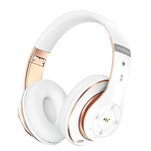 Falebare Bluetooth Headphones Over Ear, 6S Foldable Wireless Headphones with 6 EQ Modes, 40 Hours Playtime HiFi Stereo Headset with Mic, Soft Ear Pads, TF/FM for Cellphone/PC/Home (White & Gold)