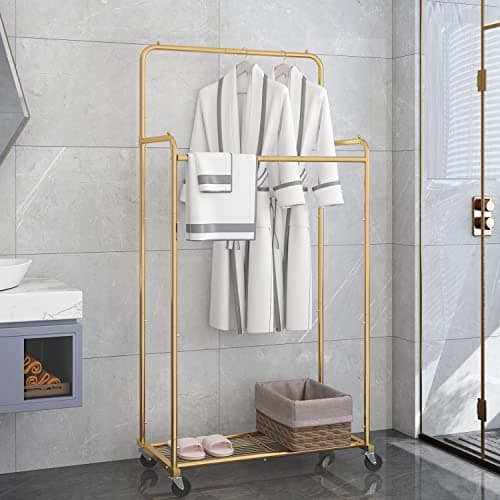 Simple Trending Double Rod Clothes Garment Rack, Heavy Duty Clothing Rolling Rack on Wheels for Hanging Clothes,with 4 Hooks, Gold 5