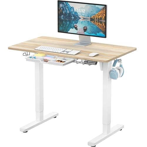 SHW 40-Inch Electric Height Adjustable Standing Desk with Drawer, Memory Preset and Cable Management Tray, Maple
