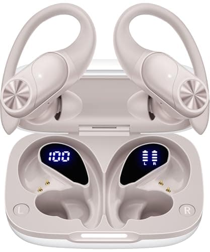 PocBuds Bluetooth Headphones Wireless Earbuds 80hrs Playtime Wireless Charging Case Digital Display Sport Ear Buds with Earhook Deep Bass IPX7 Waterproof Over-Ear Earphones for Phone Laptop Beige