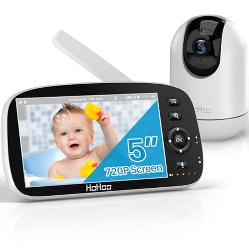 HOHOO Baby Monitor, 5" 720P HD Split Screen, 30 Hours Battery Life Baby Monitor with Camera and Audio|Remote PTZ, Two-Way Audio, Zoom, Night Vision, Lullabies, 960ft Long Range