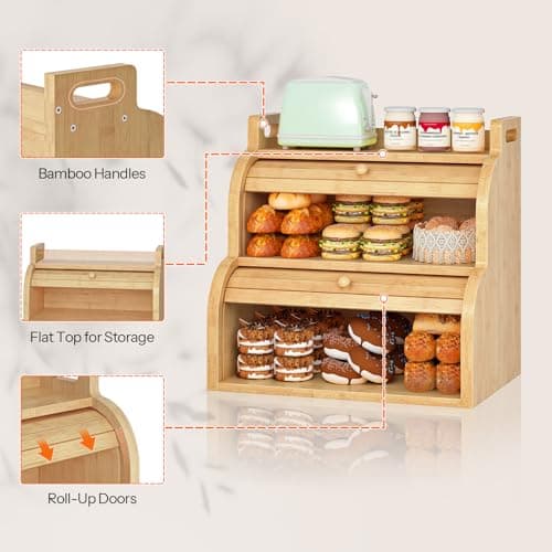 HOOBRO Bread Box, Bamboo Bread Box for Kitchen Countertop, 2-Tier Roll-Top Bread Bin, Food Storage Box, Bamboo Storage Cabinet with Handles, for Kitchen, Dining Room, Natural YL15MB01 6