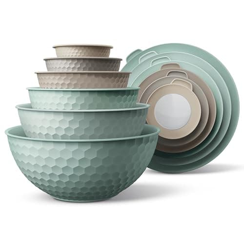 COOK WITH COLOR Mixing Bowls with Lids - 12 Piece Plastic Nesting Bowls Set includes 6 Prep Bowls and 6 Lids, Microwave Safe Mixing Bowl Set, Mint Embossed