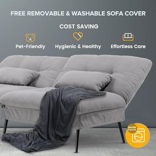COMHOMA Convertible Sofa Bed,68″Fabric Couch with Adjustable Backrest,Loveseat Recliner Sleeper Living Room Furniture futon Set,Grey 7