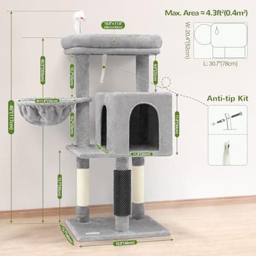 Globlazer Cat Tower for Indoor Cats | 46-Inch Sturdy Cat Condo for Multiple Adult Cats with Multiple Large Platforms, Hammock, and Anti-Tip Kit | Premium Quality Materials, F46B, Light Grey 6