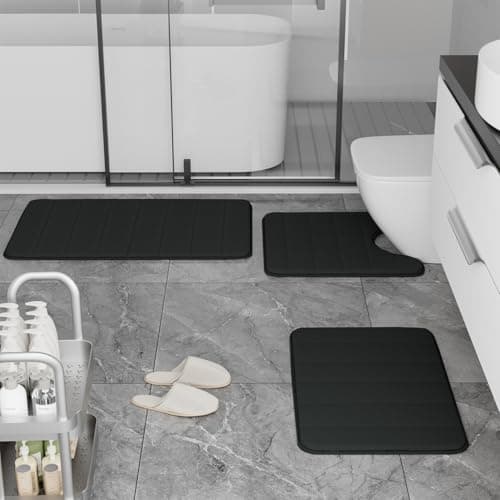 Bathroom Rugs Set Memory Foam Bath Rugs Non-Slip Bath Mat Set 3 Piece,Washable Bathroom Mats,Absorbent Shaggy Rugs Super Soft U-Shaped Toilet Rug,Bahroom Carpets for Bathroom,Tub,Shower（Black） 6