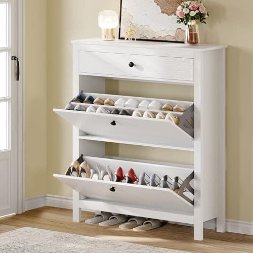 DWVO Narrow Shoe Cabinet with 2 Flip Drawer - Slim White Shoe Storage Cabinet With Metal Flip Frame - Adjustable or Removable Hidden Shoe Rack Free Standing Shoe Cabinet Organizer for Entryway/Hallway