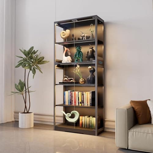 IUXPAM Display Cabinet with Glass Doors, 5-Tier 65" Glass Display Cabinet with LED 3-Color Lights & Human Body Sensor, Curio Cabinet with Textured Wood Shelves for Collectibles(Black Iron Frame