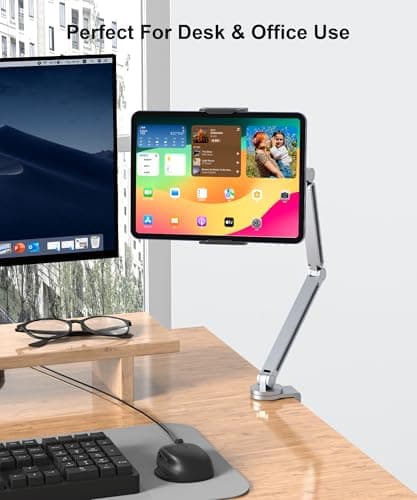 YICOSUN Tablet Arm Mount with Super Grip, Adjustable Foldable Holder & Heavy Duty Aluminum 360° Rotating Clamp for iPad, Phone, Monitor, Kindle - Universal for Desk, Bed, Kitchen - Silver 7