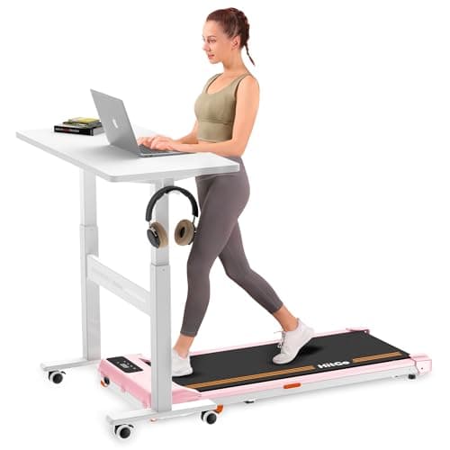 HitGo Mobile Standing Desk with Wheels, 32 inch Pneumatic Height Adjustable Desk for Walking Pad, Small Rolling Computer Workstation, Portable Sit Stand Desk for Home Office, 28-43" Tall, White