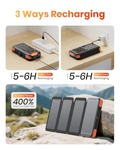 49800mAh Solar Charger Power Bank with Built-in 3 Cables & 4 Solar Panels, 20W Fast Charging Portable Phone Charger, USB C Outdoor External Battery Pack with LED Flashlights for Cellphones, Tablets 9