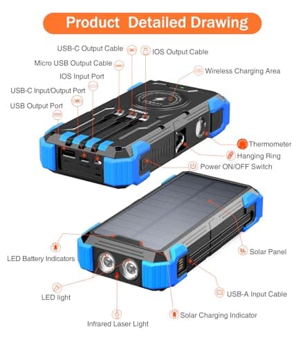 Sudrov Solar Charger Power Bank, 42800mAh Wireless Portable Charger with USB-C in/Output, QC3.0 Fast Charging 15W 4 Ports Outdoor Battery Pack Built-in LED Flashlight, for iPhone, Galaxy, iPad etc 7
