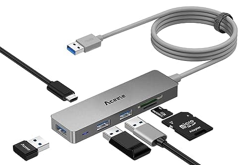 Aceele 5Gbps USB 3.0 Hub, 6 in 1 Ultra Slim Data USB Hub with 4ft Extended Long Cable, USB Multiport Hub with Micro USB Powered Port, SD/TF Card Slot Port, Compatible for PC, Laptop, MacBook