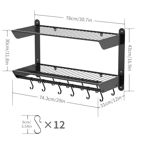 Taozun 30 Inch Pot and Pan Organizer, 2 Tier Heavy Duty Pot Rack Wall Mounted with 12 Hooks, Kitchen Cookware Utensils Hanger Organizers and Storage 6