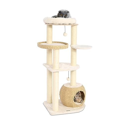KAMABOKO Modern Cat Tree, 53" Cat Tower for Indoor Cats Natural Sisal Scratching Posts, Hand-Woven Condo & Top Perch, Cat Tree Tower for Kittens Climb Play & Rest
