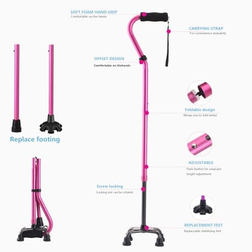 LIXIANG Unisex Walking Canes, Foldable, Adjustable, 4-pronged Base, Foam Handles Heavy Duty Stable Walker for Seniors and Adults Canes for Men for Stability 5