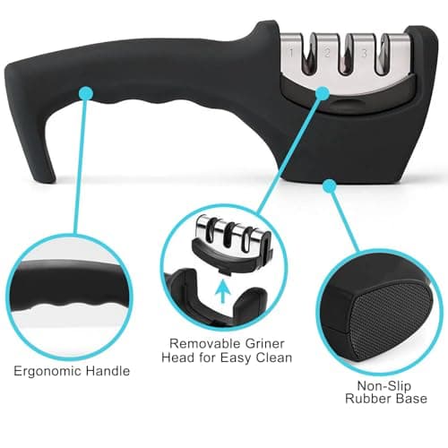XYJNYO Elite Kitchen Knife Sharpener with 3 Stages, Professional Manual Blade Sharpening System, Ceramic Stone, Tungsten Carbide Plates, Diamond rods, Ergonomic Handle, Non-Slip Base,Stylish Black 6