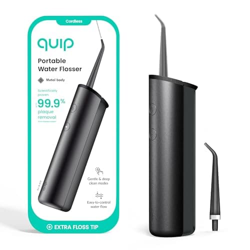 quip Water Flosser with Replacement Tip - Cordless Water Flosser with Adjustable Pressure - Teeth Cleaner Pick with 360 Degree Rotating Replaceable Tip, Rechargeable Water Dental Pick - All-Black