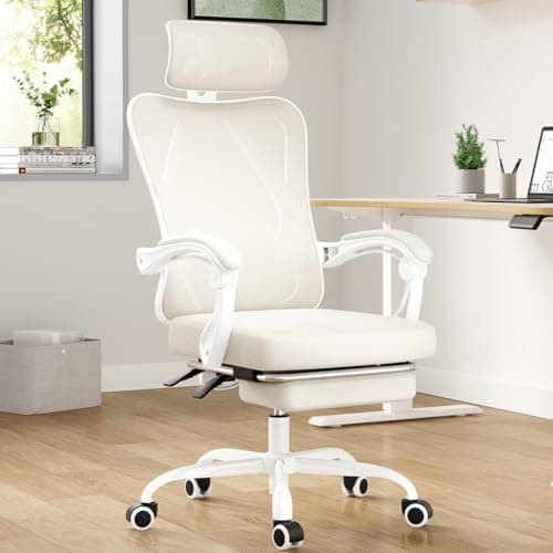 Farini Ergonomic Office Chair with Footrest, Mesh Office Desk Chair with Headrest, High Back Computer Chair with Adjustable Lumbar Support.for Home Office Study Room Bedroom (with footrest, Beige)