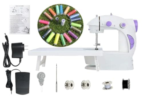 Portable sewing machine, very easy to use for beginners and children, with light and extension table. Includes a set of threads and accessories. Mini handheld sewing machine with two speeds.