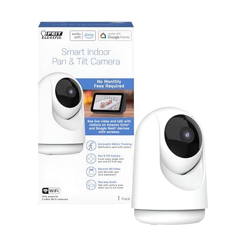 Feit Electric Indoor Security Camera with Motion Detection, 30ft. Night Vision, Pan and Tilt Head, 2.4GHz WiFi, 2-Way Audio, 1080p HD, Works with Alexa & Google Asst, Plug-in, White, CAM/PAN/WiFi/G2